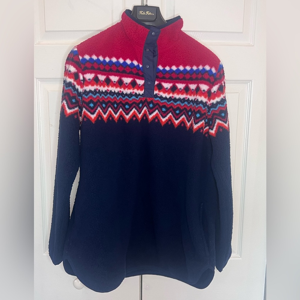 Lands' End Women’s Henley Tunic Jacket sweater blue fair isle chevron L